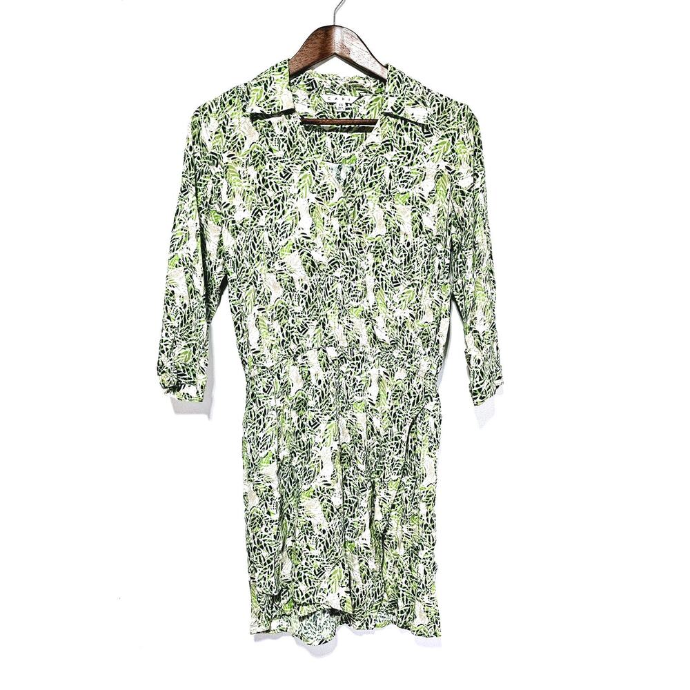 CAbi Leaf Print Tropical Faux Wrap Dress Size XS V-Neck Green/White Long Sleeve